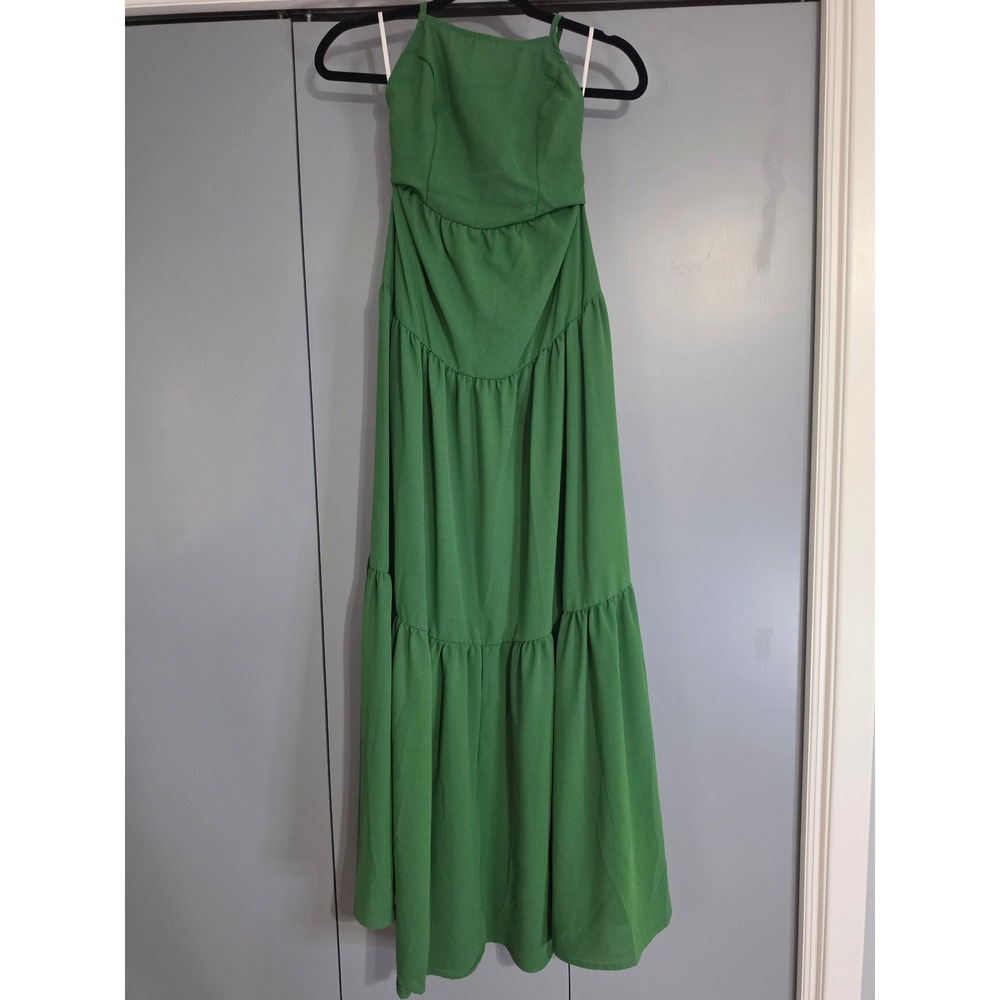 NWT Green Tiered Maxi Dress Small Halter Lace Up Back Strappy Boho Event